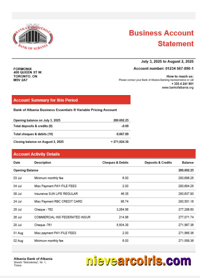 Bank of Albania business account statement
